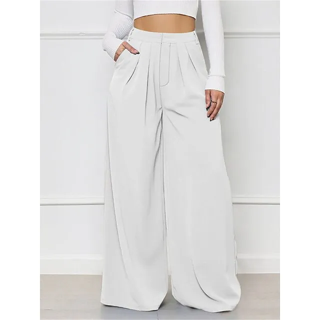 Women’s Wide Leg Pants Trousers Plaid Pocket Full Length Micro-elastic High Waist Elegant Fashion Work Street Black White S M Winter Autumn / Fall 9e621008bb8705fd661b22cbb44cac55