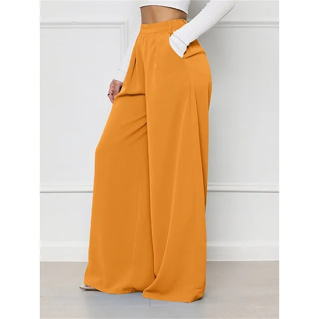 Women’s Wide Leg Pants Trousers Plaid Pocket Full Length Micro-elastic High Waist Elegant Fashion Work Street Black White S M Winter Autumn / Fall a28a416700ad804819a556fa5f47bdc1