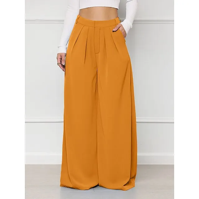 Women’s Wide Leg Pants Trousers Plaid Pocket Full Length Micro-elastic High Waist Elegant Fashion Work Street Black White S M Winter Autumn / Fall bc7bf6582099f3302c23e22273070836