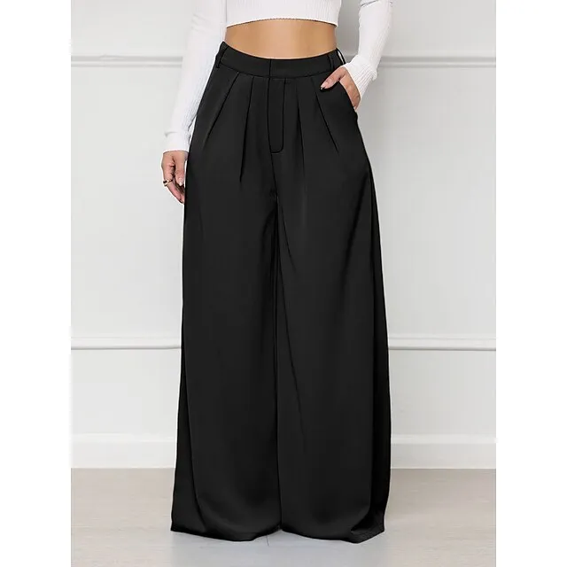 Women’s Wide Leg Pants Trousers Plaid Pocket Full Length Micro-elastic High Waist Elegant Fashion Work Street Black White S M Winter Autumn / Fall cd7de4760099ce1f87ccb23d4958e9bc