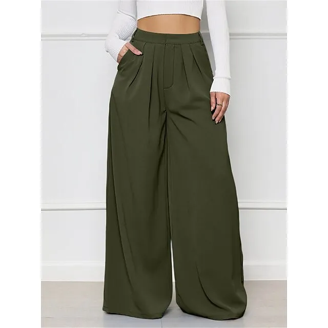 Women's Wide Leg Pants Trousers Plaid Pocket Full Length Micro-elastic High Waist Elegant Fashion Work Street Black White S M Winter Autumn / Fall de523e1cd87fadcb5d5a16dc6ef68c71