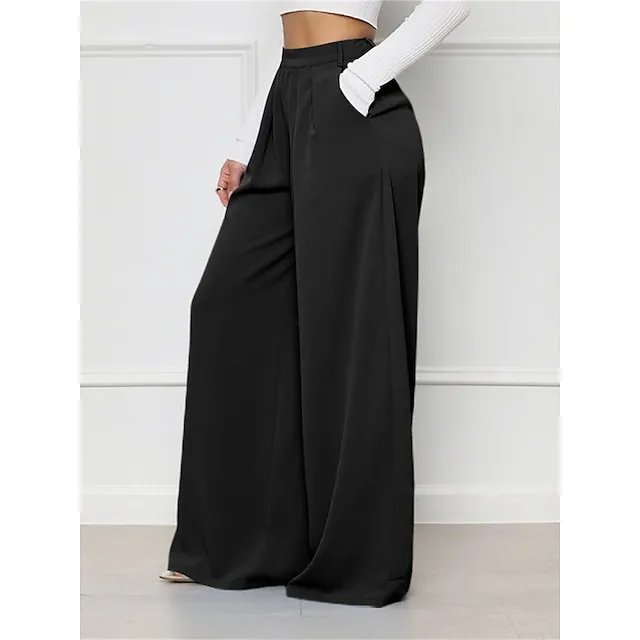 Women’s Wide Leg Pants Trousers Plaid Pocket Full Length Micro-elastic High Waist Elegant Fashion Work Street Black White S M Winter Autumn / Fall fad49fe2aed5e87068cf13fb09805ee8