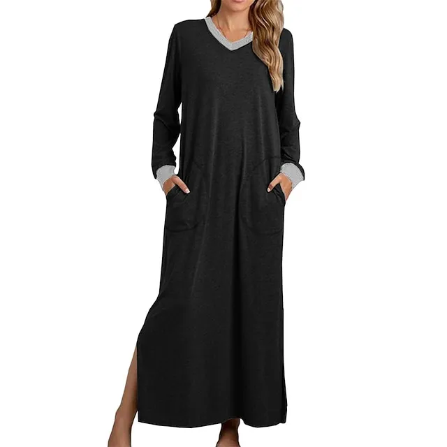 Women’s Pajamas Nightgown Nightshirt Dress Patchwork Simple Casual Soft Home Daily Bed Warm Breathable V Wire Long Sleeve Pocket Summer Spring ArmyGreen Black 39fdf89789f2e7c5aeac74172efa4c92