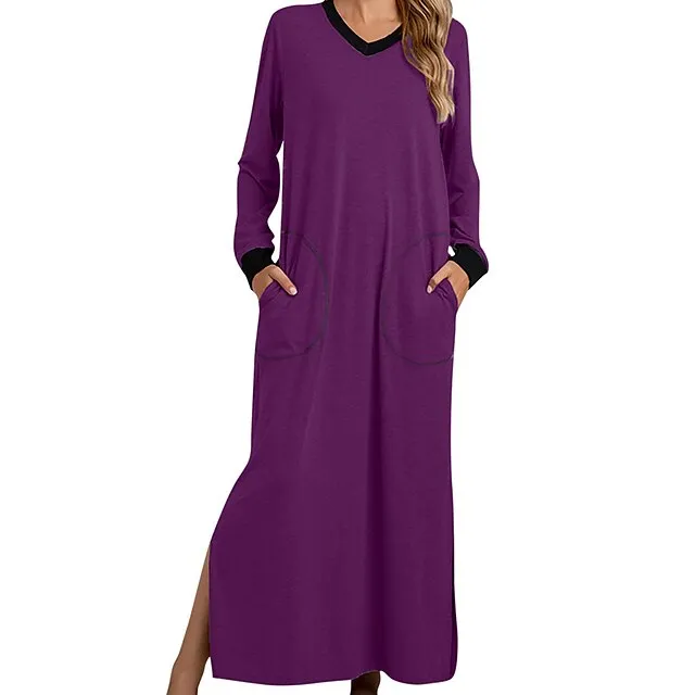 Women’s Pajamas Nightgown Nightshirt Dress Patchwork Simple Casual Soft Home Daily Bed Warm Breathable V Wire Long Sleeve Pocket Summer Spring ArmyGreen Black 6ad4a0f3c7cf450a4db6329d00f059f6