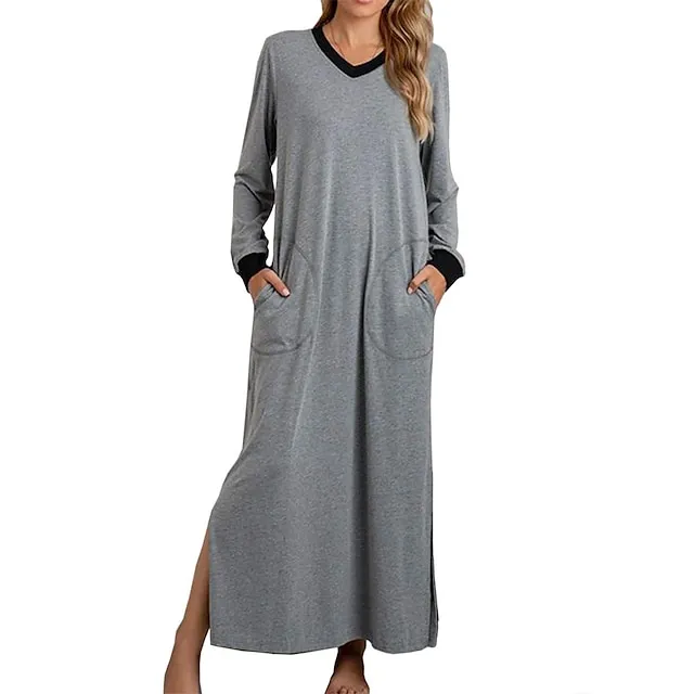 Women's Pajamas Nightgown Nightshirt Dress Patchwork Simple Casual Soft Home Daily Bed Warm Breathable V Wire Long Sleeve Pocket Summer Spring ArmyGreen Black 924e5e1fa891b62319ae8ddec0b7e5ef