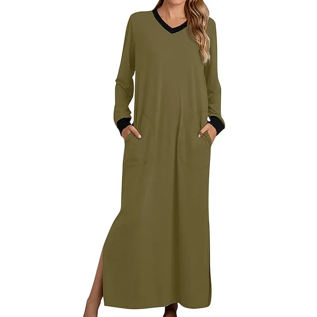 Women’s Pajamas Nightgown Nightshirt Dress Patchwork Simple Casual Soft Home Daily Bed Warm Breathable V Wire Long Sleeve Pocket Summer Spring ArmyGreen Black a62c3b41570da4f2c01197e9398d83dc