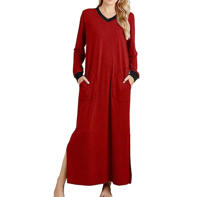 Women’s Pajamas Nightgown Nightshirt Dress Patchwork Simple Casual Soft Home Daily Bed Warm Breathable V Wire Long Sleeve Pocket Summer Spring ArmyGreen Black b8b47cb8a34f3d1b30b033a6f33f31a3