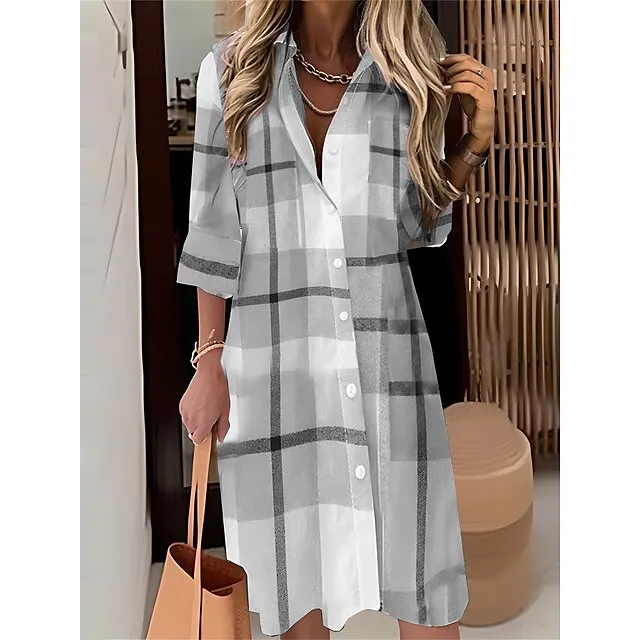Women’s Shirt Dress Casual Dress Midi Dress Outdoor Office Daily Polyester Fashion Modern Shirt Collar Button Pocket Long Sleeve Fall Winter 2023 Loose Fit Yellow Pink Blue Plaid S M L XL 2XL 0c5ef707b411de79534aa6e961fdd232