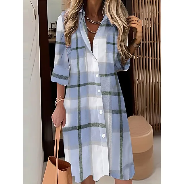 Women’s Shirt Dress Casual Dress Midi Dress Outdoor Office Daily Polyester Fashion Modern Shirt Collar Button Pocket Long Sleeve Fall Winter 2023 Loose Fit Yellow Pink Blue Plaid S M L XL 2XL 62eb529014ddc94507694d10527cecd5