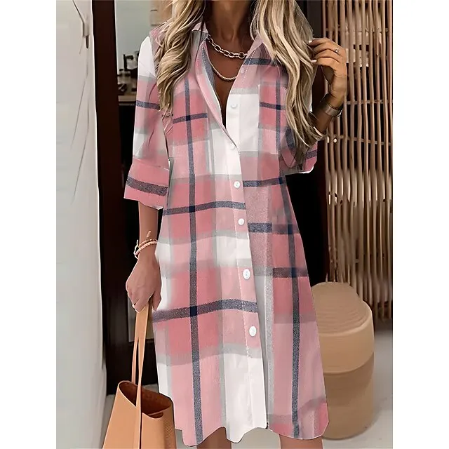 Women's Shirt Dress Casual Dress Midi Dress Outdoor Office Daily Polyester Fashion Modern Shirt Collar Button Pocket Long Sleeve Fall Winter 2023 Loose Fit Yellow Pink Blue Plaid S M L XL 2XL bdf89c2a2513290eef0a01374f9e4dcb