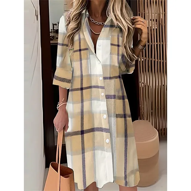 Women’s Shirt Dress Casual Dress Midi Dress Outdoor Office Daily Polyester Fashion Modern Shirt Collar Button Pocket Long Sleeve Fall Winter 2023 Loose Fit Yellow Pink Blue Plaid S M L XL 2XL c302dde8923a7ce5721eb6a8460988c0