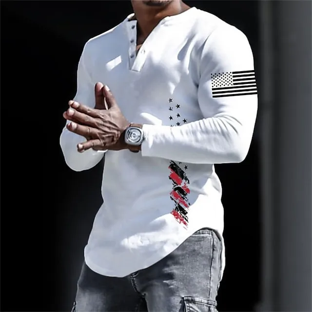 Graphic USA National Flag Fashion Daily Casual Men's 3D Print Henley Shirt Casual Holiday Going out T shirt Black White Yellow Long Sleeve Henley Shirt Spring & Fall Clothing Apparel S M L XL XXL 4908e07169f60cf62eda27dfb5e351f2