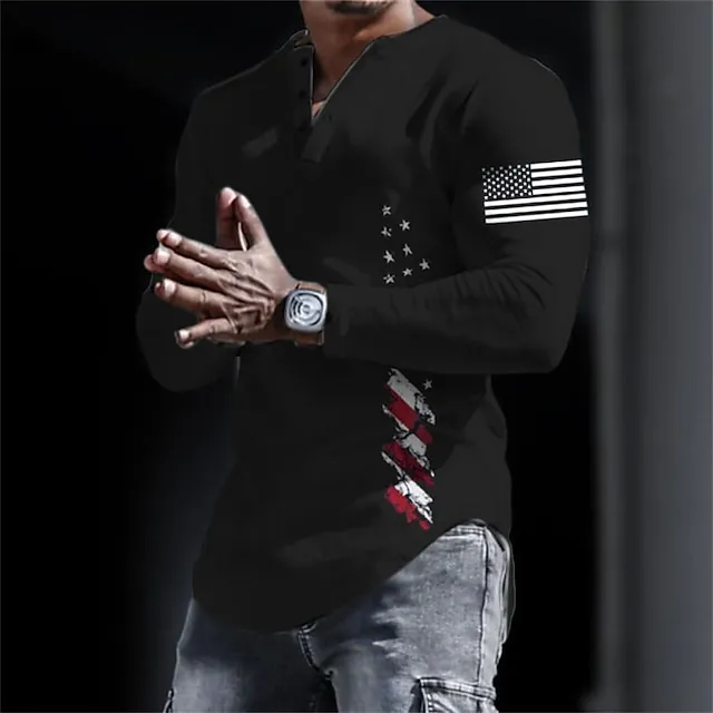 Graphic USA National Flag Fashion Daily Casual Men’s 3D Print Henley Shirt Casual Holiday Going out T shirt Black White Yellow Long Sleeve Henley Shirt Spring & Fall Clothing Apparel S M L XL XXL 83708904190261a64c0544f6918bf1eb