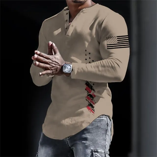 Graphic USA National Flag Fashion Daily Casual Men’s 3D Print Henley Shirt Casual Holiday Going out T shirt Black White Yellow Long Sleeve Henley Shirt Spring & Fall Clothing Apparel S M L XL XXL 8bb0fe17c9d7646c2e09190f5d6af17a