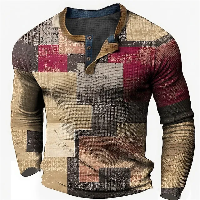 Graphic Patchwork Colorful Fashion Designer Casual Men's 3D Print Henley Shirt Waffle T Shirt Sports Outdoor Holiday Festival T shirt Blue Brown Green Long Sleeve Henley Shirt Spring & Fall Clothing 42c2569696e35e2488c9d11096878f96