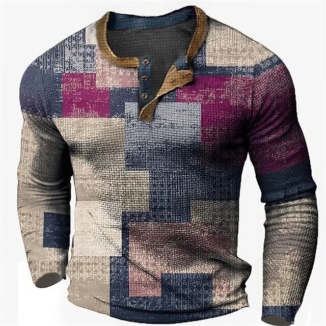 Graphic Patchwork Colorful Fashion Designer Casual Men’s 3D Print Henley Shirt Waffle T Shirt Sports Outdoor Holiday Festival T shirt Blue Brown Green Long Sleeve Henley Shirt Spring & Fall Clothing 8bff678eedf058b74830581072145ab2