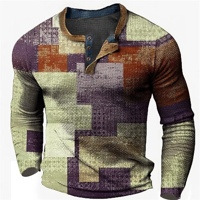 Graphic Patchwork Colorful Fashion Designer Casual Men’s 3D Print Henley Shirt Waffle T Shirt Sports Outdoor Holiday Festival T shirt Blue Brown Green Long Sleeve Henley Shirt Spring & Fall Clothing 90652391ee2355e4e7d65c4eb1e17ab8