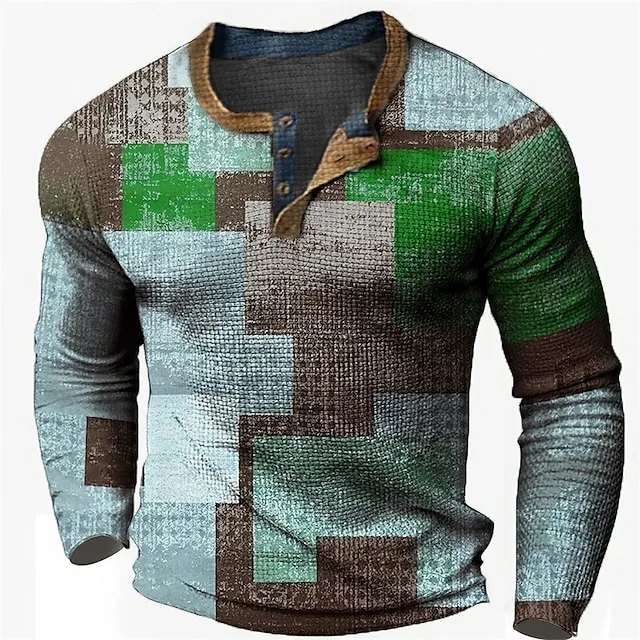 Graphic Patchwork Colorful Fashion Designer Casual Men’s 3D Print Henley Shirt Waffle T Shirt Sports Outdoor Holiday Festival T shirt Blue Brown Green Long Sleeve Henley Shirt Spring & Fall Clothing ce325217e54dd1de31ec12262aacae38
