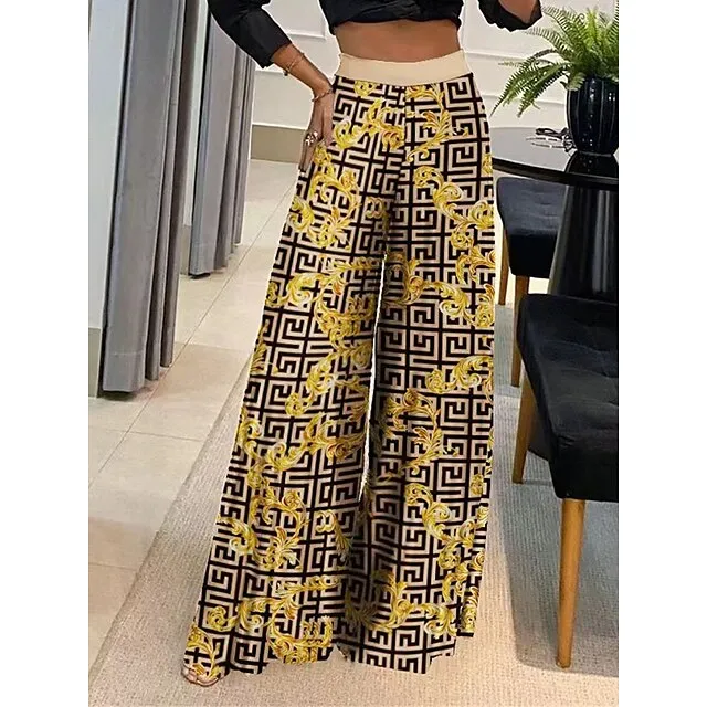 Women’s Wide Leg Pants Trousers Geometric Letter Full Length Micro-elastic High Waist Fashion Streetwear Street Daily Apricot Black S M Fall Winter fd67b5820062b8dd9909b55c6e7c1f2b