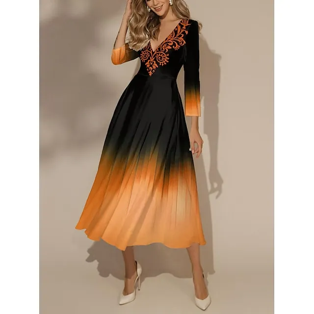 Women’s Swing Dress Floral Dress Ombre Print V Neck Long Dress Maxi Dress Fashion Streetwear Outdoor Vacation 3/4 Length Sleeve Regular Fit Pink Blue Orange Spring Fall S M L XL XXL 61567b813e84a695f2d899d18e457759