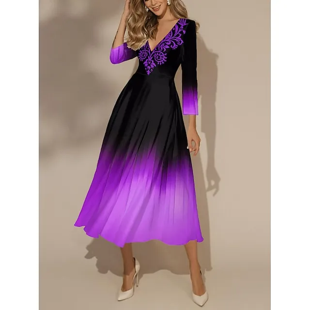 Women’s Swing Dress Floral Dress Ombre Print V Neck Long Dress Maxi Dress Fashion Streetwear Outdoor Vacation 3/4 Length Sleeve Regular Fit Pink Blue Orange Spring Fall S M L XL XXL 9678079ad6c0cc3715f5fa52e4608d4d