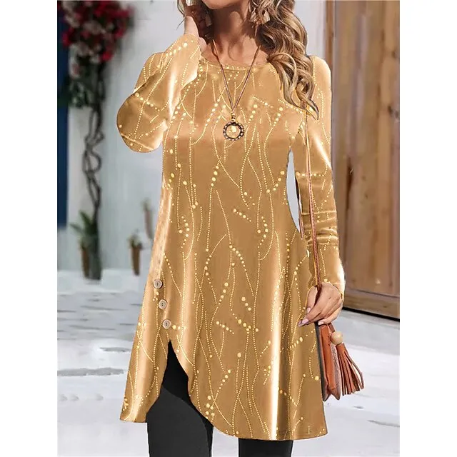 Women’s Velvet Dress T Shirt Dress Tee Dress Print Button Split Crew Neck Mini Dress Fashion Streetwear Party New Year Long Sleeve Regular Fit Wine Gold Green Fall Winter S M L XL XXL 853fd1a05a25220e8c8ca9db865eb4fa