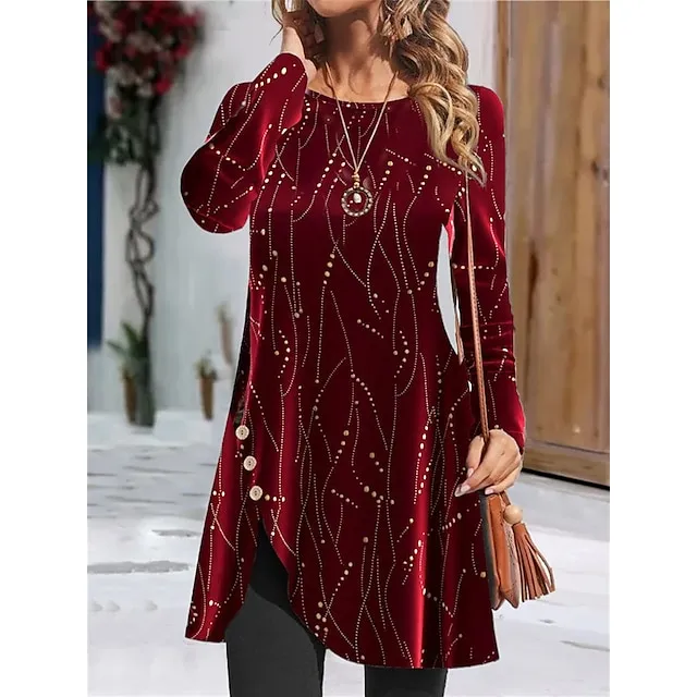 Women's Velvet Dress T Shirt Dress Tee Dress Print Button Split Crew Neck Mini Dress Fashion Streetwear Party New Year Long Sleeve Regular Fit Wine Gold Green Fall Winter S M L XL XXL 910c378ea33d03a533ee13926d1243dd