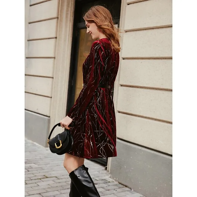 Women’s Velvet Dress T Shirt Dress Tee Dress Print Button Split Crew Neck Mini Dress Fashion Streetwear Party New Year Long Sleeve Regular Fit Wine Gold Green Fall Winter S M L XL XXL c3926b9d66c90756d51702fee8233851