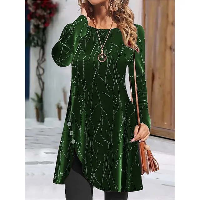 Women’s Velvet Dress T Shirt Dress Tee Dress Print Button Split Crew Neck Mini Dress Fashion Streetwear Party New Year Long Sleeve Regular Fit Wine Gold Green Fall Winter S M L XL XXL c7beda6dba8ec84dad80beda4a020350