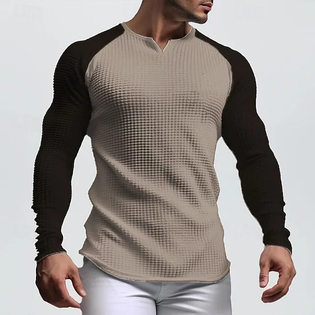 Men’s T shirt Tee Waffle Shirt Tee Top Long Sleeve Shirt Color Block V Neck Street Vacation Long Sleeve Patchwork Clothing Apparel Fashion Designer Basic 0a3b50ec71c6e9ab7b82af79732ad122