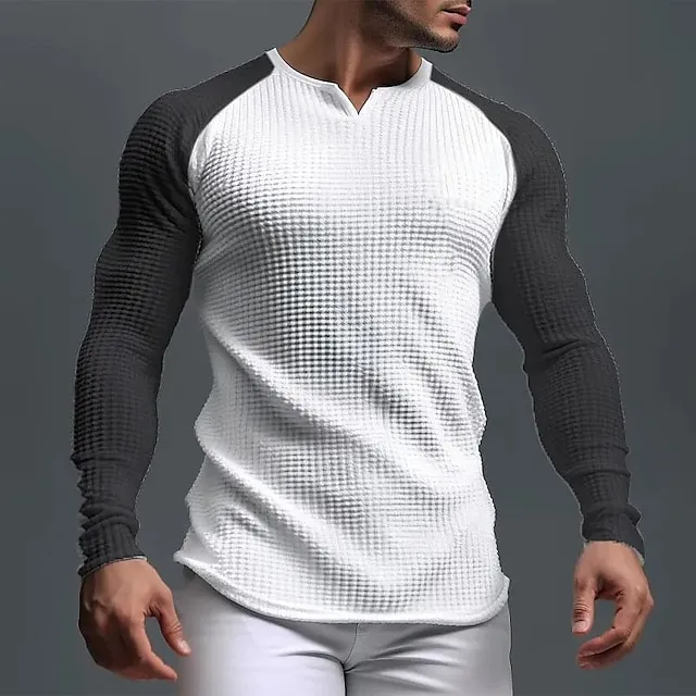 Men’s T shirt Tee Waffle Shirt Tee Top Long Sleeve Shirt Color Block V Neck Street Vacation Long Sleeve Patchwork Clothing Apparel Fashion Designer Basic 40639fd83657c5886912895045471d58