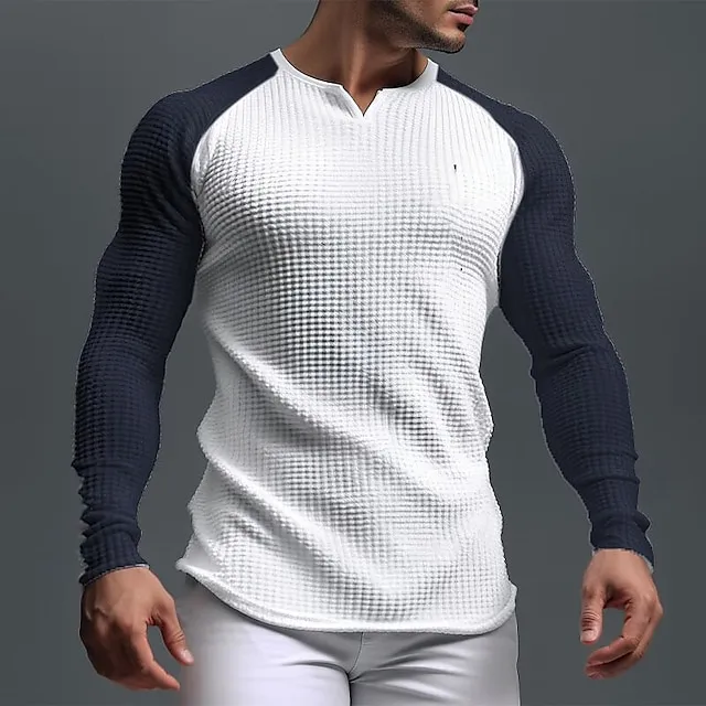 Men’s T shirt Tee Waffle Shirt Tee Top Long Sleeve Shirt Color Block V Neck Street Vacation Long Sleeve Patchwork Clothing Apparel Fashion Designer Basic 8094fd467d6747a14d14d306755d5999