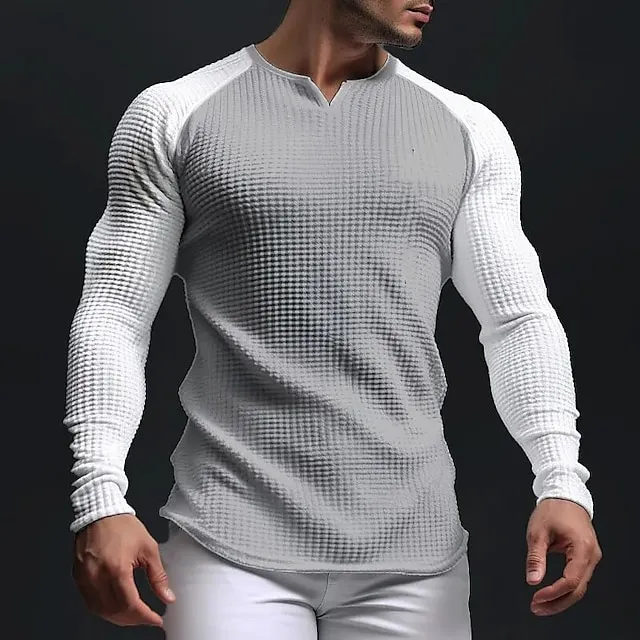Men's T shirt Tee Waffle Shirt Tee Top Long Sleeve Shirt Color Block V Neck Street Vacation Long Sleeve Patchwork Clothing Apparel Fashion Designer Basic b2df4e0f6f3a0e7a3dd723f97c64bd70