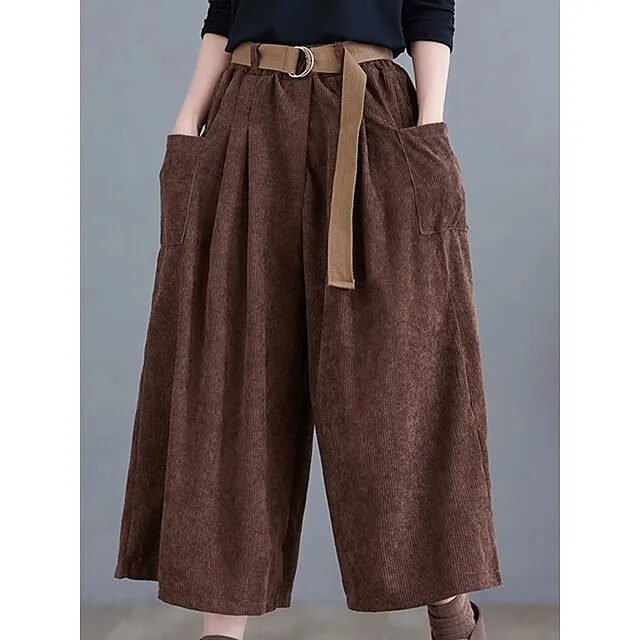Women’s Wide Leg Capri Pants Solid Color Calf-Length Micro-elastic High Waist Fashion Streetwear Street Daily Green khaki M L Summer Fall 3851f9185e5fa3237ebb54c41d882ea5