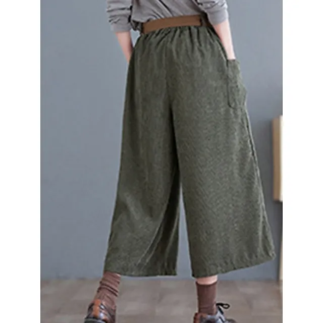 Women’s Wide Leg Capri Pants Solid Color Calf-Length Micro-elastic High Waist Fashion Streetwear Street Daily Green khaki M L Summer Fall 63f5878e207d494788b3bb82741ac5d3