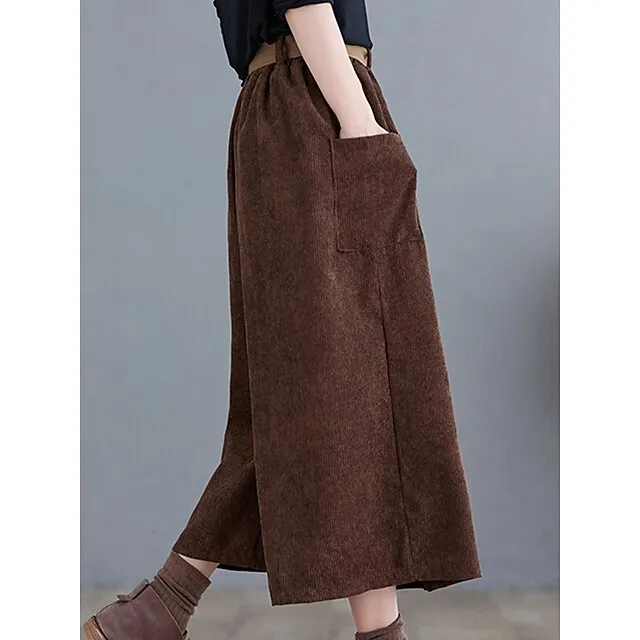 Women’s Wide Leg Capri Pants Solid Color Calf-Length Micro-elastic High Waist Fashion Streetwear Street Daily Green khaki M L Summer Fall 6d000239416a87606428fdde07a8e6c1