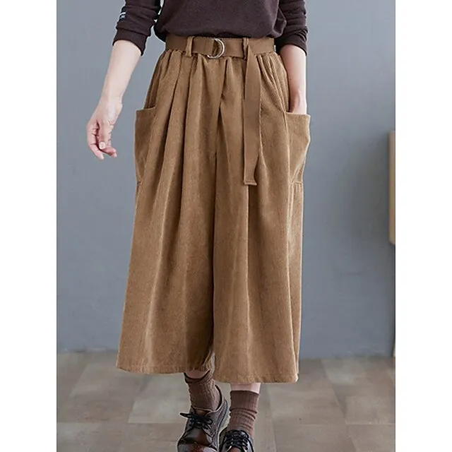 Women’s Wide Leg Capri Pants Solid Color Calf-Length Micro-elastic High Waist Fashion Streetwear Street Daily Green khaki M L Summer Fall 7791558146b6e0cbd304b98ded03bd78