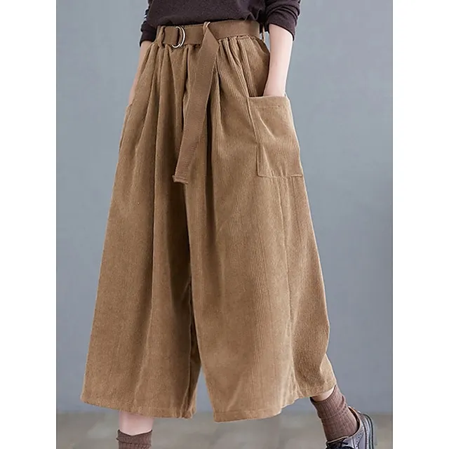 Women’s Wide Leg Capri Pants Solid Color Calf-Length Micro-elastic High Waist Fashion Streetwear Street Daily Green khaki M L Summer Fall 8bb0d7b3986189b52f8186737b7544ad