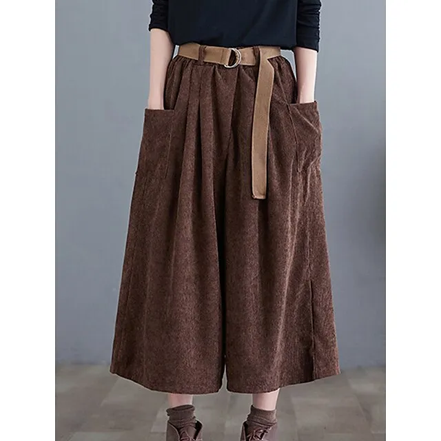 Women’s Wide Leg Capri Pants Solid Color Calf-Length Micro-elastic High Waist Fashion Streetwear Street Daily Green khaki M L Summer Fall a97b0ec9020eaa577993f77dfcc25f5a