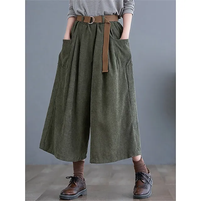 Women's Wide Leg Capri Pants Solid Color Calf-Length Micro-elastic High Waist Fashion Streetwear Street Daily Green khaki M L Summer Fall ae5674ad82aa22572f81309f49b3a9a7