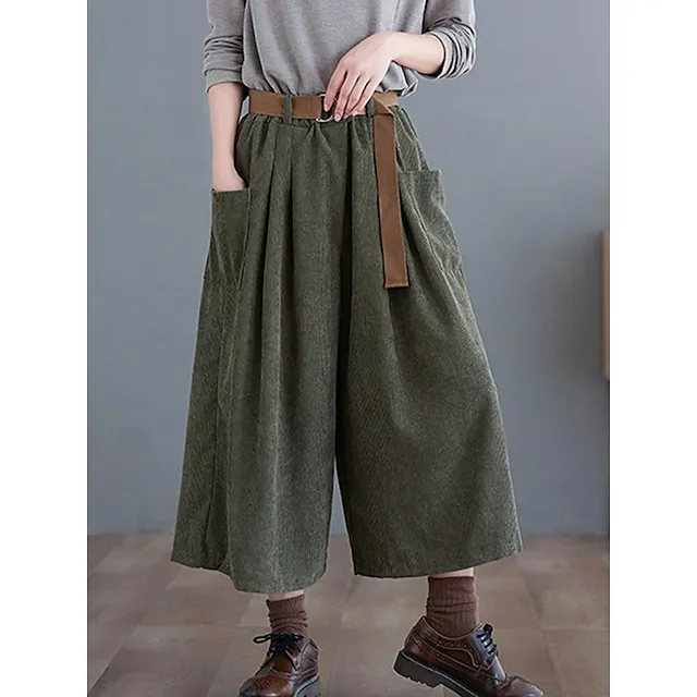 Women’s Wide Leg Capri Pants Solid Color Calf-Length Micro-elastic High Waist Fashion Streetwear Street Daily Green khaki M L Summer Fall c5c6ec8baeac3debb8f1d51984559815