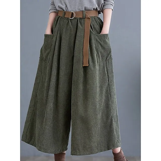 Women’s Wide Leg Capri Pants Solid Color Calf-Length Micro-elastic High Waist Fashion Streetwear Street Daily Green khaki M L Summer Fall ee30fb8c0000a099e0b80d678269fb4b