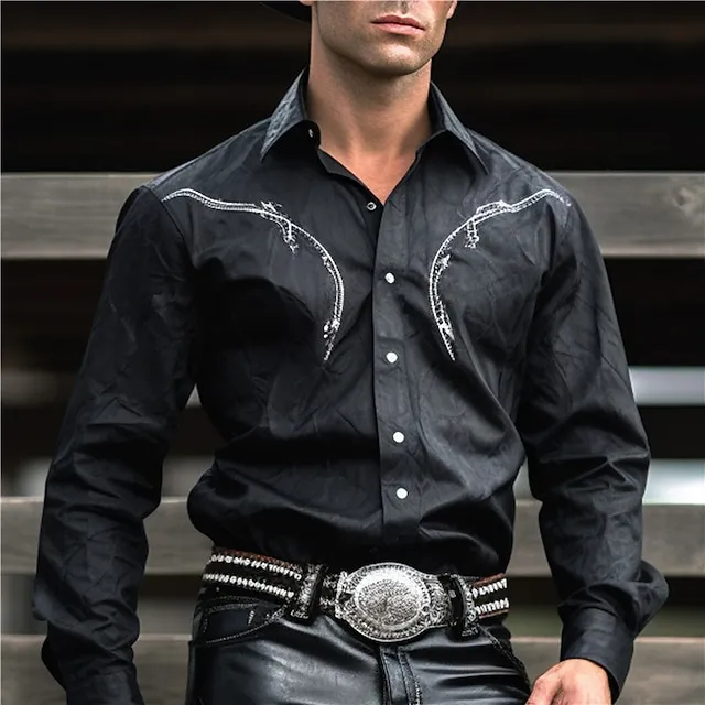 Cowboy western style Men's Shirt Cowboy Shirt Outdoor Street Casual Daily Fall & Winter Turndown Long Sleeve Black Brown S M L Shirt 17f415d29496dc9b7be87a119ccef0a0