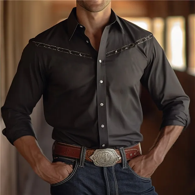 Cowboy western style Men’s Shirt Cowboy Shirt Outdoor Street Casual Daily Fall & Winter Turndown Long Sleeve Black Brown S M L Shirt 6700884561069a581d33caf1e4bdf826