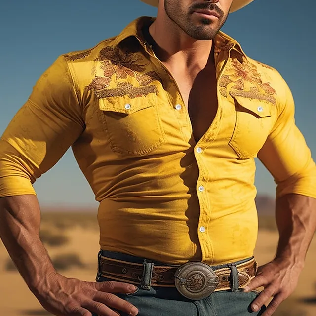 Floral Casual western style Men's Shirt Cowboy Shirt Outdoor Street Casual Daily Fall & Winter Turndown Long Sleeve Yellow S M L Shirt
