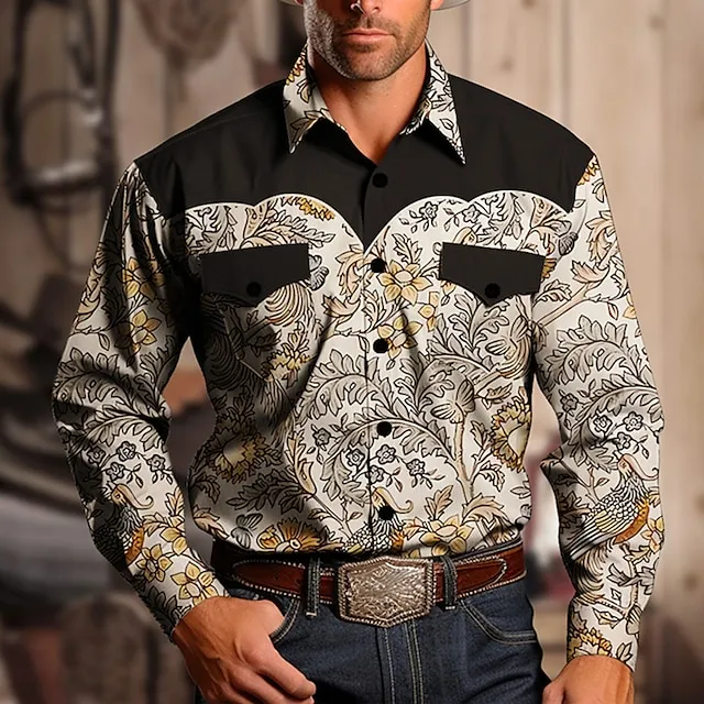 Floral Vintage western style Men’s Shirt Western Shirt Outdoor Street Casual Daily Fall & Winter Turndown Long Sleeve Black khaki S M L Shirt 528410cb30c62b52f85f70075c033355
