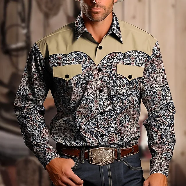 Floral Vintage western style Men's Shirt Western Shirt Outdoor Street Casual Daily Fall & Winter Turndown Long Sleeve Black khaki S M L Shirt daf8edf4d0cfa36e51f031adf84a49c9