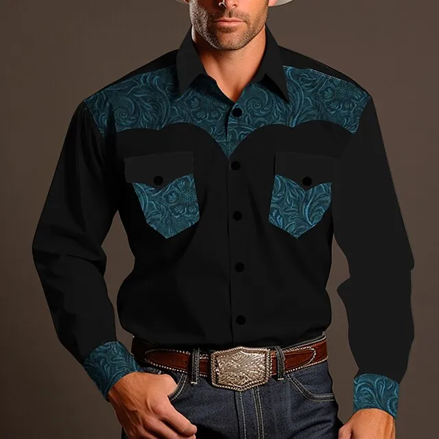 Floral Vintage western style Men’s Shirt Western Shirt Outdoor Street Casual Daily Fall & Winter Turndown Long Sleeve Blue Brown S M L Shirt 02175e2c16461891a2efee3bdd37f585