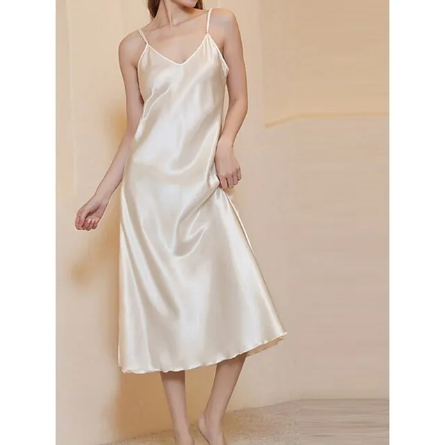 Women’s Slip Lingerie Nightgown Nightshirt Dress Pure Color Simple Casual Comfort Home Daily Bed Satin Breathable Straps Sleeveless Fall Winter Black White 53d54e142b1f89376a63276f38efd7e5