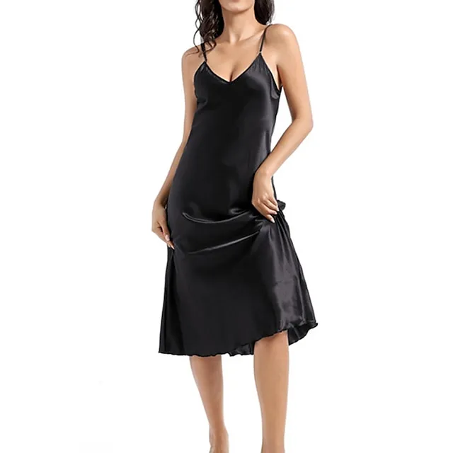 Women’s Slip Lingerie Nightgown Nightshirt Dress Pure Color Simple Casual Comfort Home Daily Bed Satin Breathable Straps Sleeveless Fall Winter Black White edf5f323ff13ef294d5ce0210982a4ff
